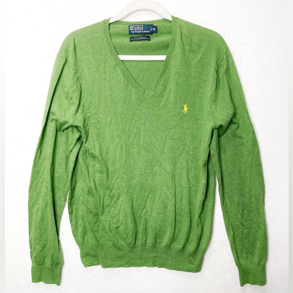 Polo Ralph Lauren 100% Pima Cotton Avocado Green V Neck Sweater Size Medium 90s